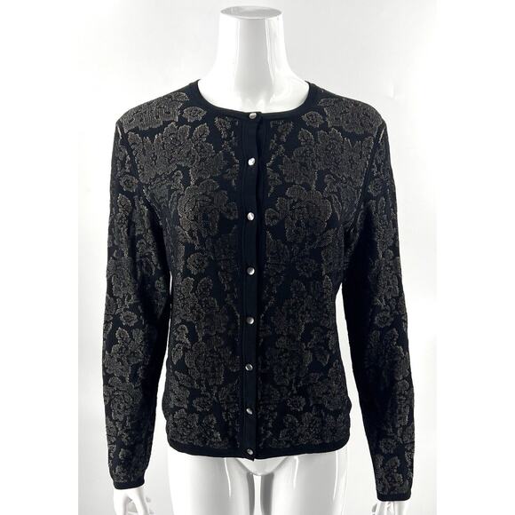 Ann Taylor Black Beige Nude Size L Illusion Floral Button Front Cardigan Sweater - Picture 1 of 6